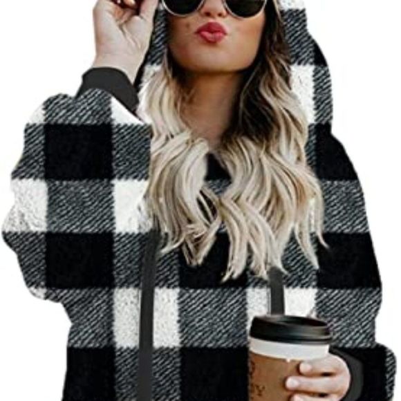 Women Casual Double Fuzzy Sweatshirt Faux Fleece Zip Pullover Hoodies - Picture 1 of 5